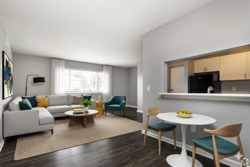 A living room with a white couch, a coffee table, and a dining table with chairs.