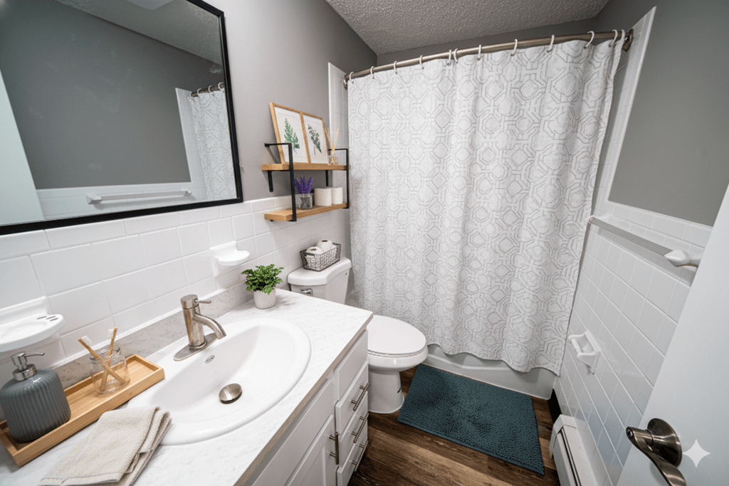 A bathroom with a white shower curtain and a white toilet.