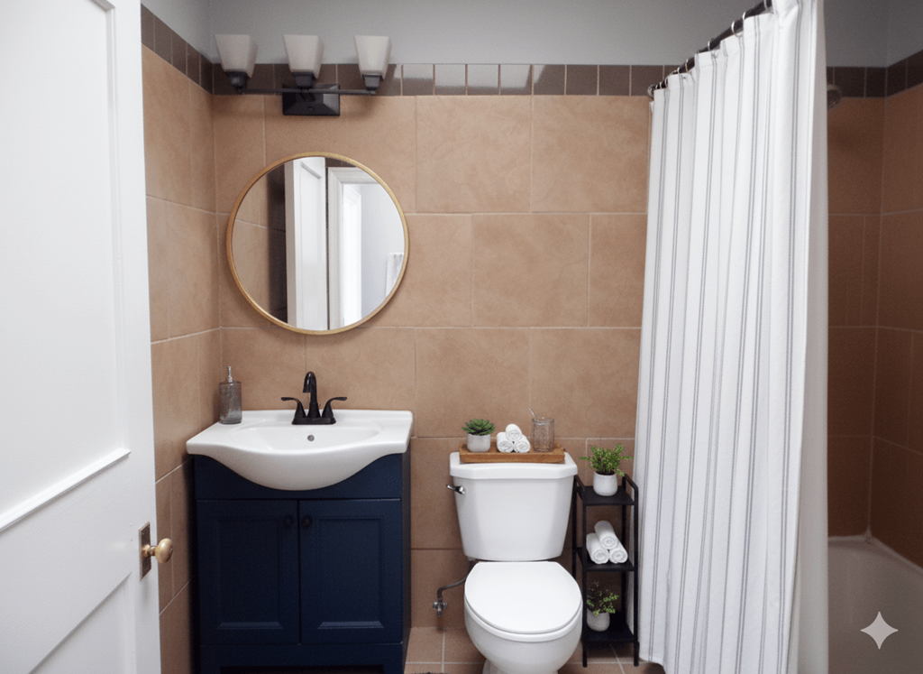 A bathroom with a sink, toilet, and shower.
