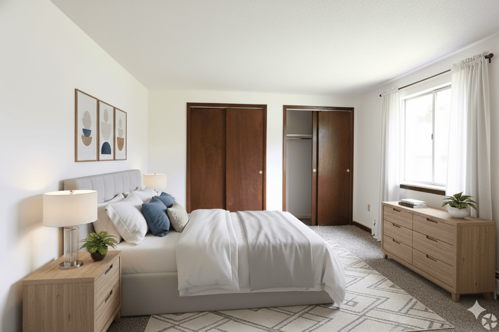 A bedroom with a bed, nightstand, and wardrobe.