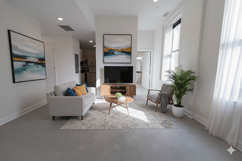 A living room with a white couch, a wooden coffee table, and a painting on the wall.