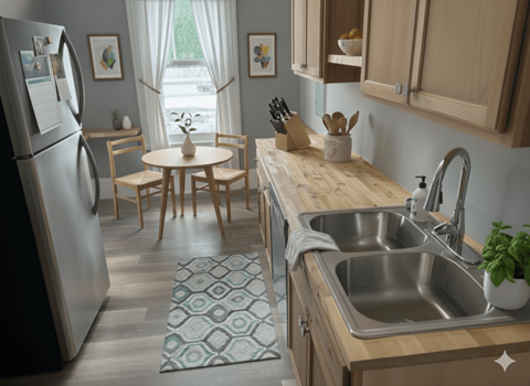 A kitchen with a refrigerator, sink, and table.