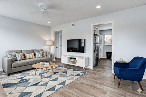A living room with a grey couch, a blue armchair, a wooden coffee table, and a television.
