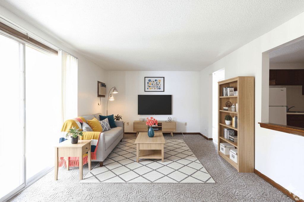 A living room with a couch, a coffee table, and a television.