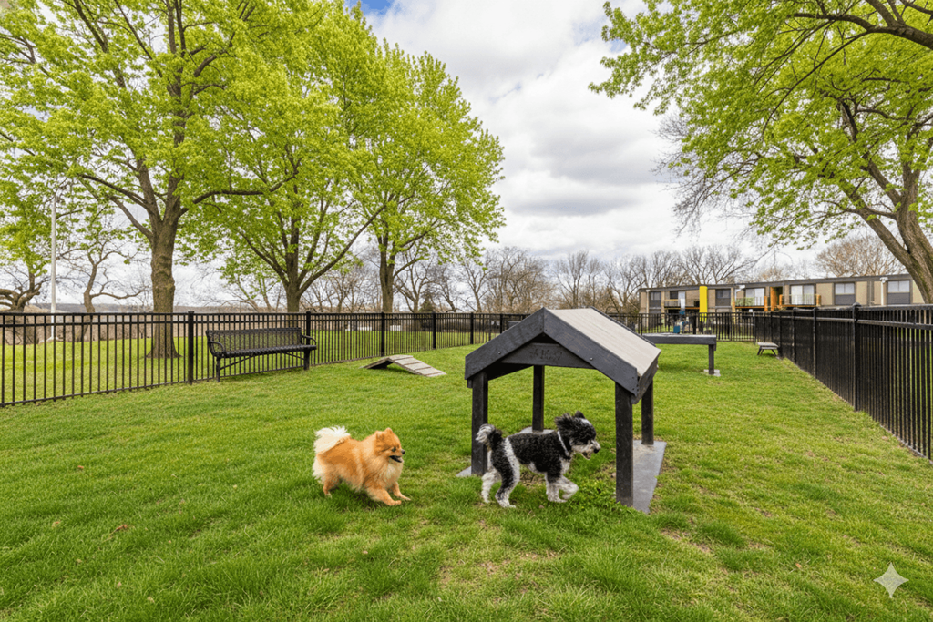 Two dogs are playing in a park with a small shelter.