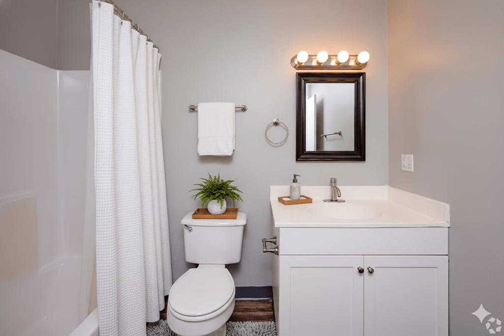 A white bathroom with a toilet, sink, and shower.