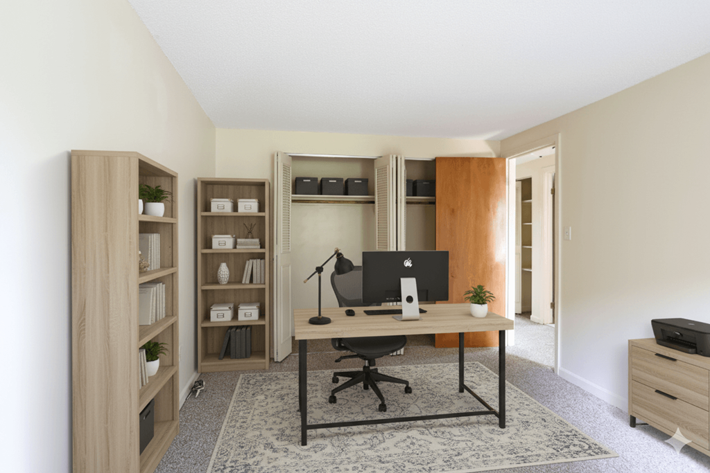 A home office with a desk, chair, and bookshelf.