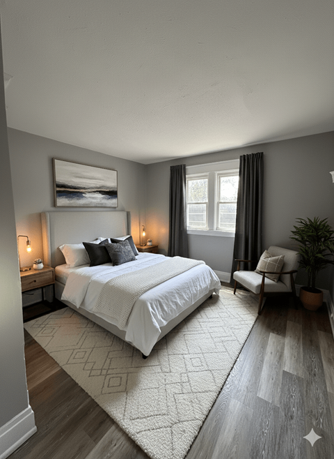 A bedroom with a large bed and a painting on the wall.