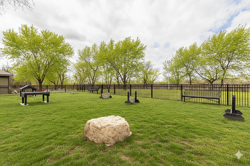 A park with a large rock in the middle of a grassy area.