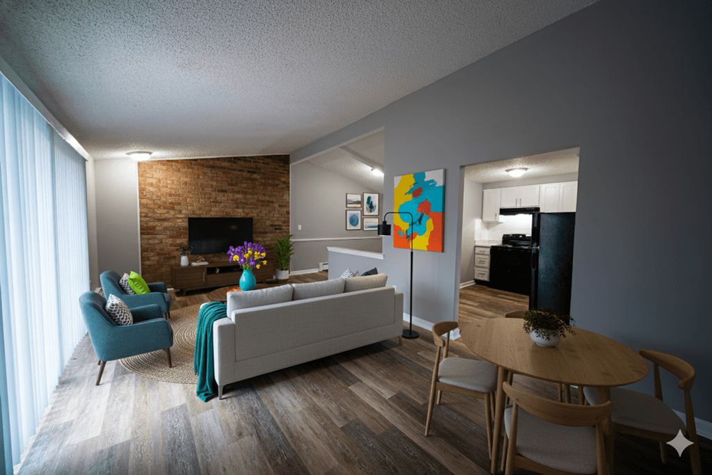 A living room with a white couch, a blue chair, a wooden table, and a fireplace.