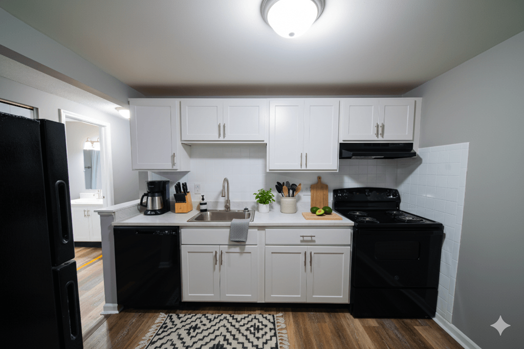 A kitchen with black appliances and white cabinets.
