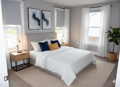 A bedroom with a white bed and a white nightstand with a lamp.