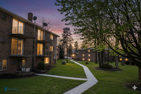 Apartment complex with a walkway and trees.