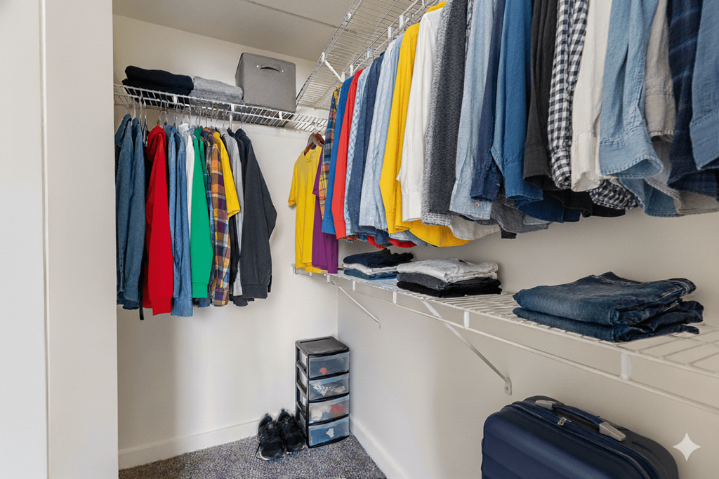 A closet full of clothes and a suitcase on the floor.