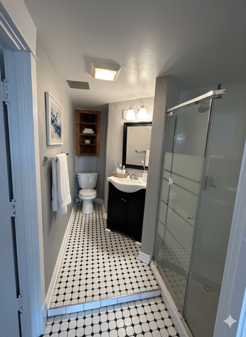 A bathroom with a black and white checkered floor.