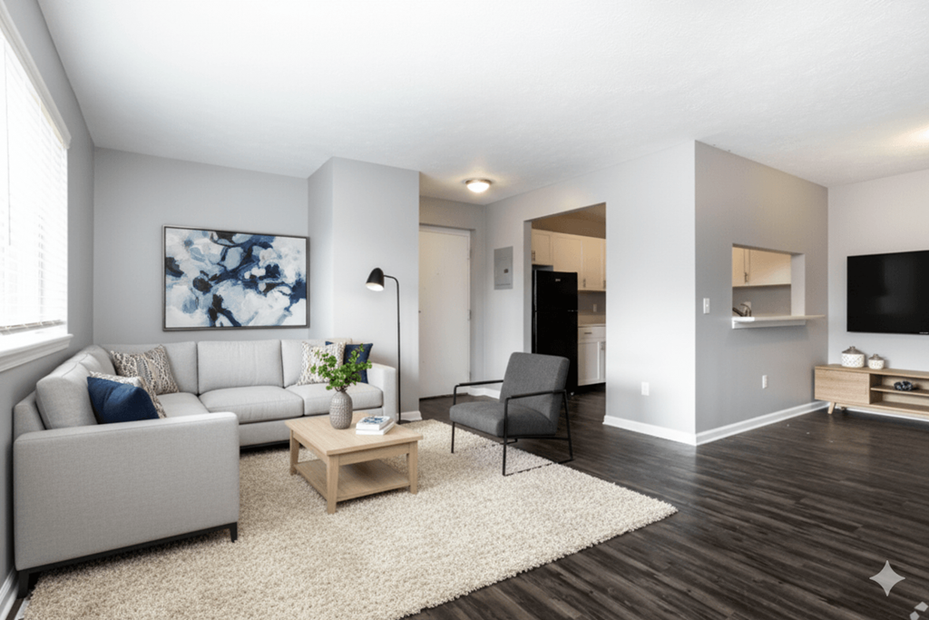 A living room with a grey couch, a coffee table, a chair, and a painting on the wall.
