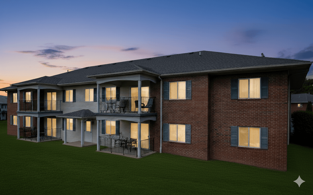 A large brick house with a balcony and multiple windows.