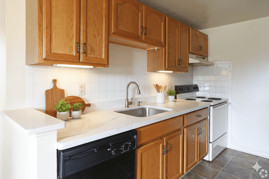 A kitchen with wooden cabinets and a black oven.