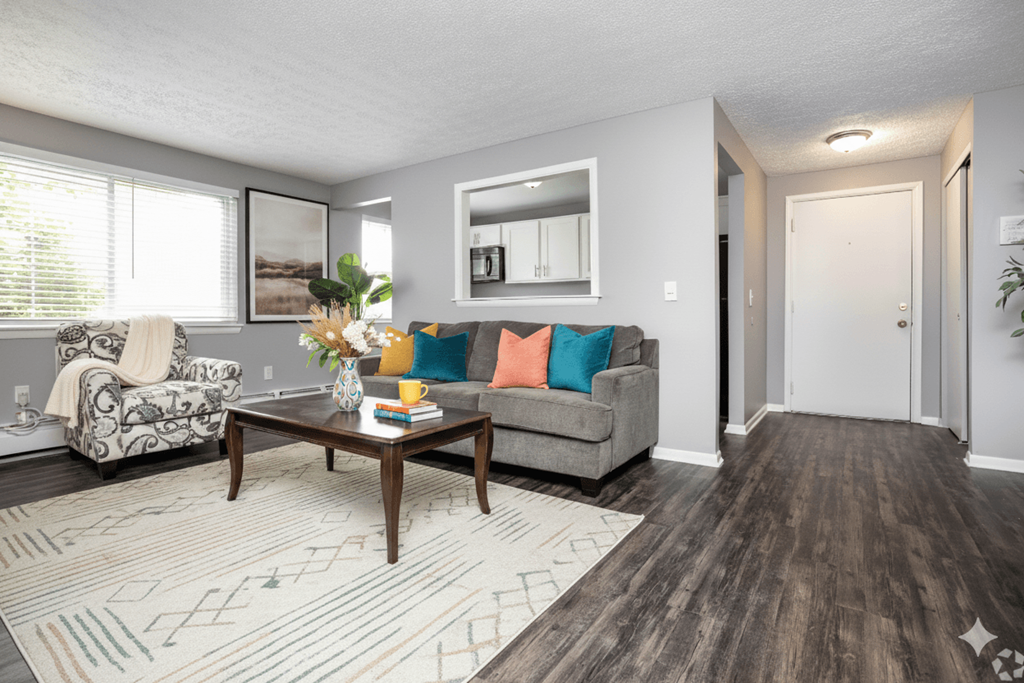 A living room with a grey couch, a coffee table, and a rug.