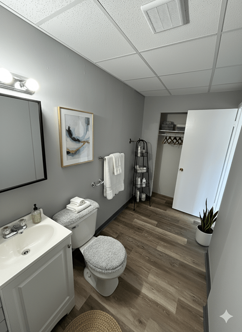 A bathroom with a toilet, sink, and mirror.