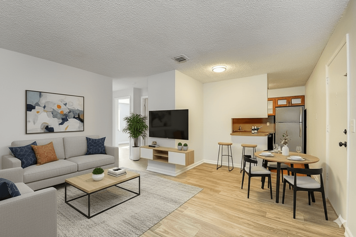 A living room with a grey couch, a coffee table, a television, and a dining table with chairs.