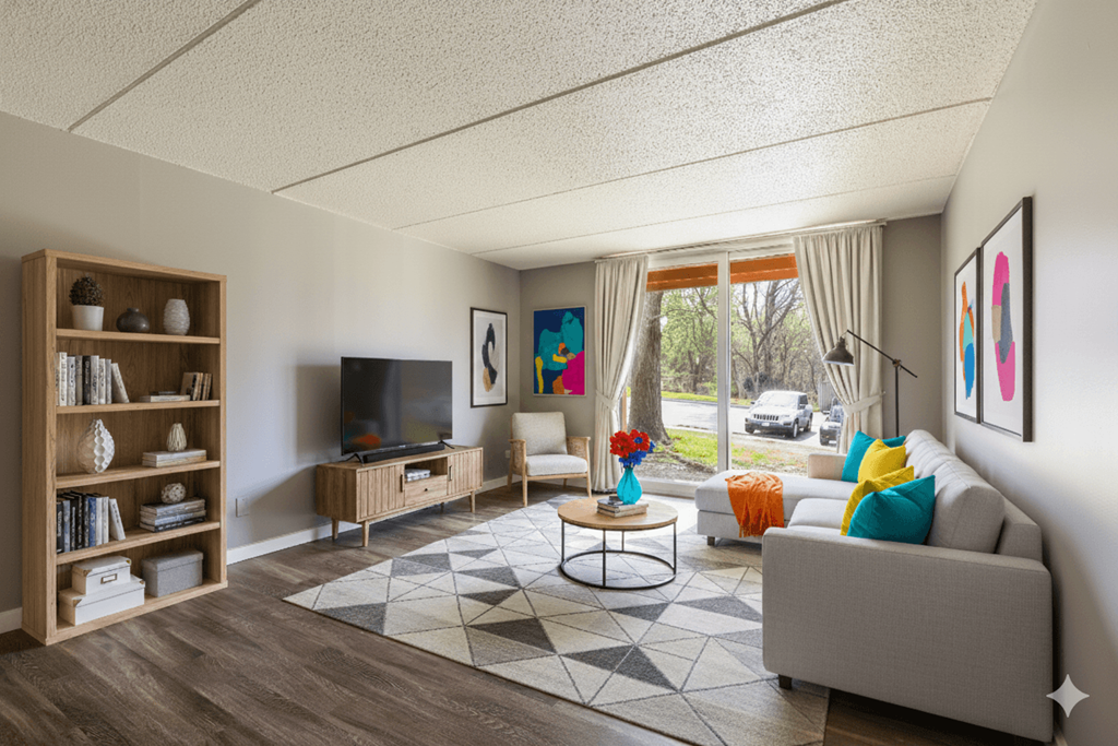 A living room with a grey couch, a coffee table, a television, and a bookshelf.