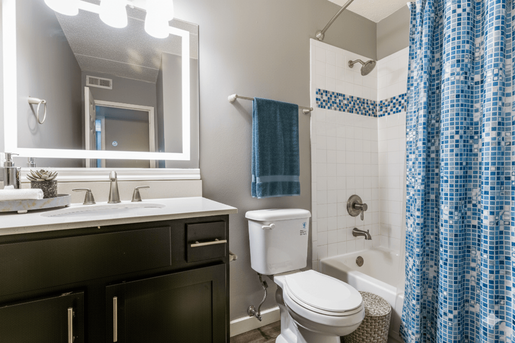 A bathroom with a white toilet, sink, and blue shower curtain.