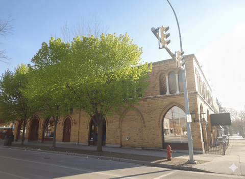 A tree with green leaves is in front of a building with a brick facade.