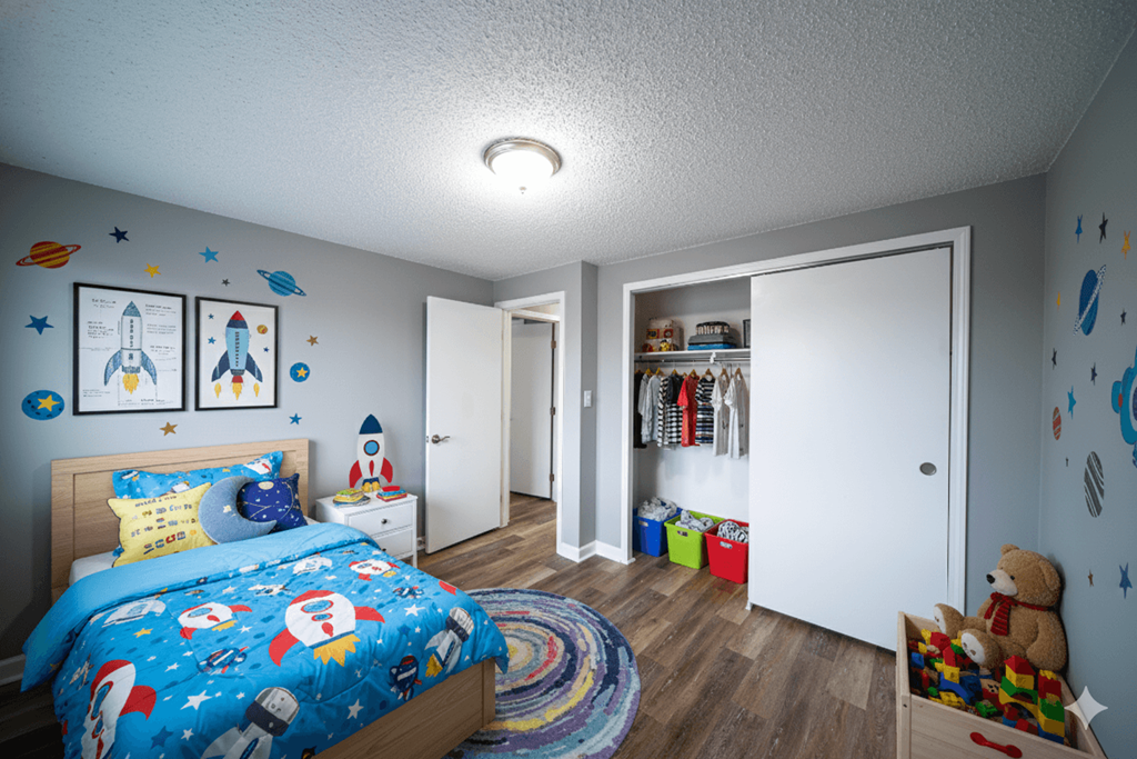 A child's bedroom with a rocket-themed bed and a toy storage area.