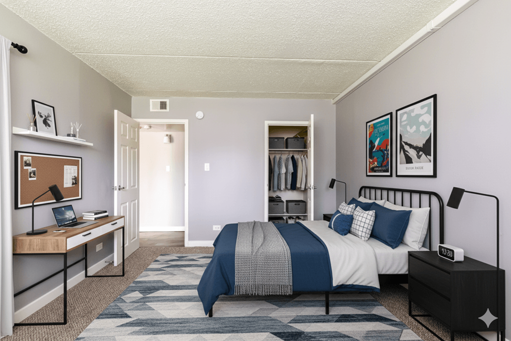 A bedroom with a bed, nightstand, and a desk with a computer.