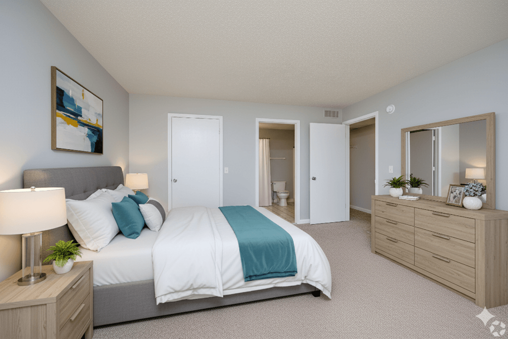 A bedroom with a bed, nightstand, and a painting on the wall.