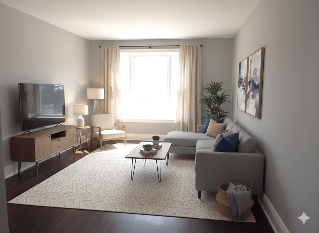 A living room with a grey couch, a coffee table, a television, and a plant.