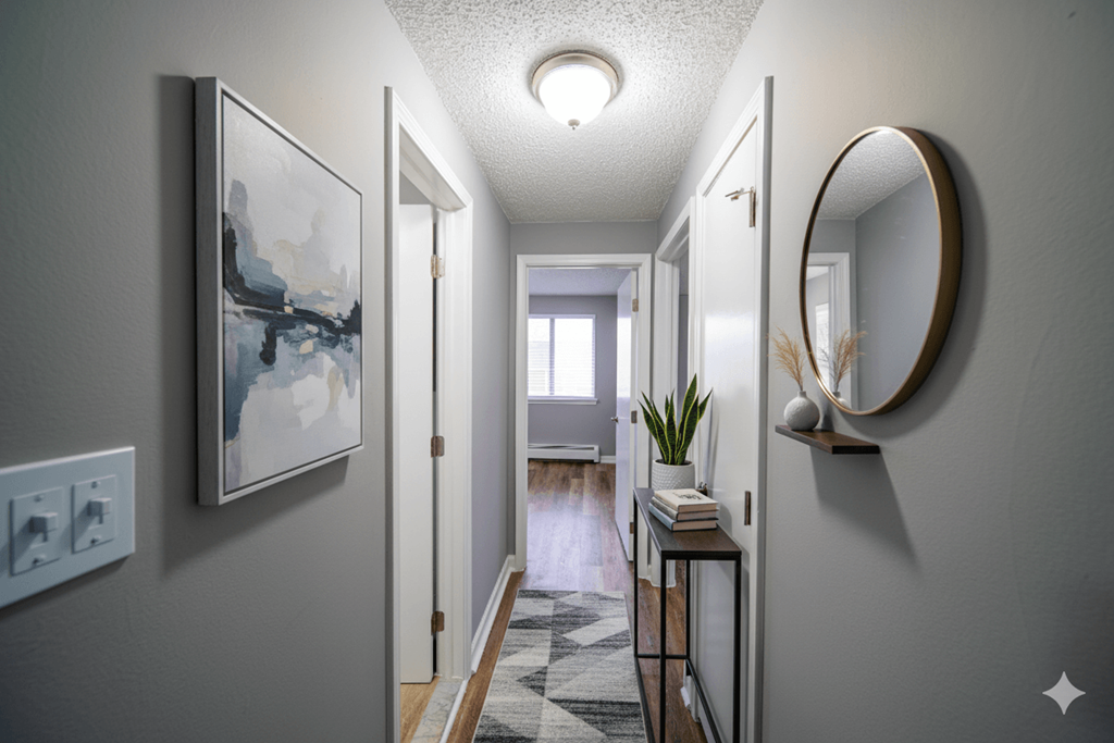 A hallway with a round mirror on the wall.