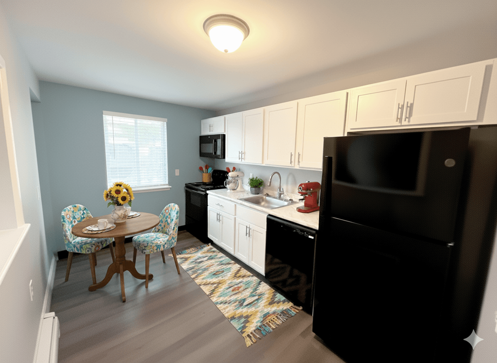 A kitchen with a black refrigerator and white cabinets.