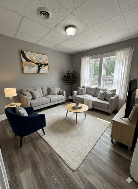 A living room with a grey couch, a blue armchair, a wooden coffee table, and a painting on the wall.