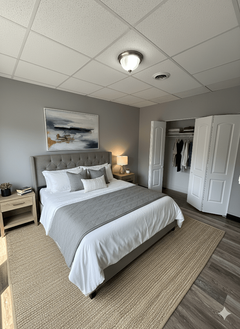 A bedroom with a large bed and a painting on the wall.