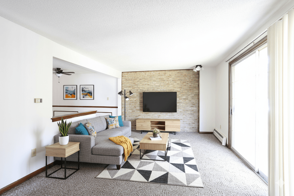 A living room with a grey couch and a black and white rug.