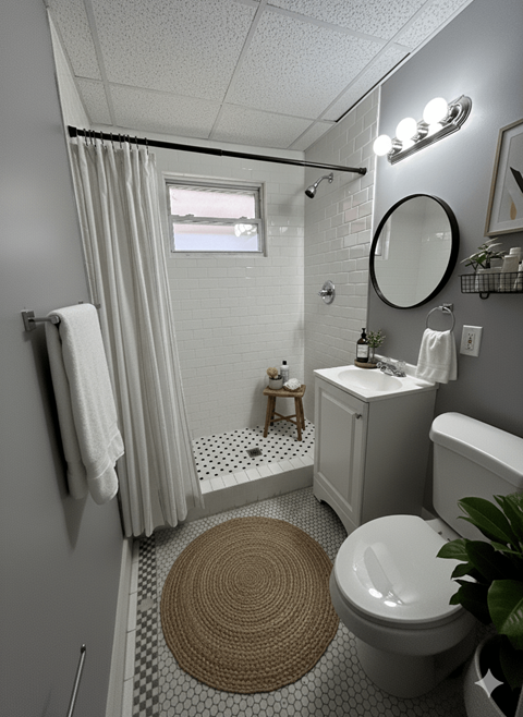 A bathroom with a toilet, sink, and shower.