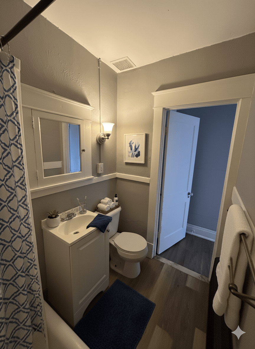 A bathroom with a toilet, sink, and mirror.