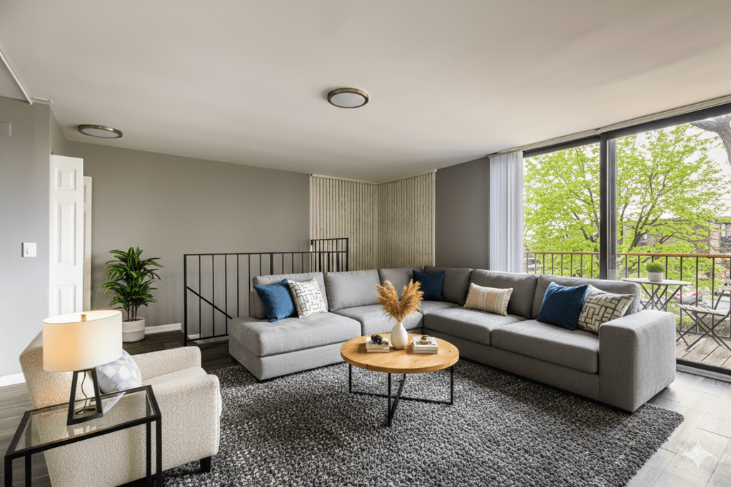 A living room with a grey couch, a coffee table, and a lamp.