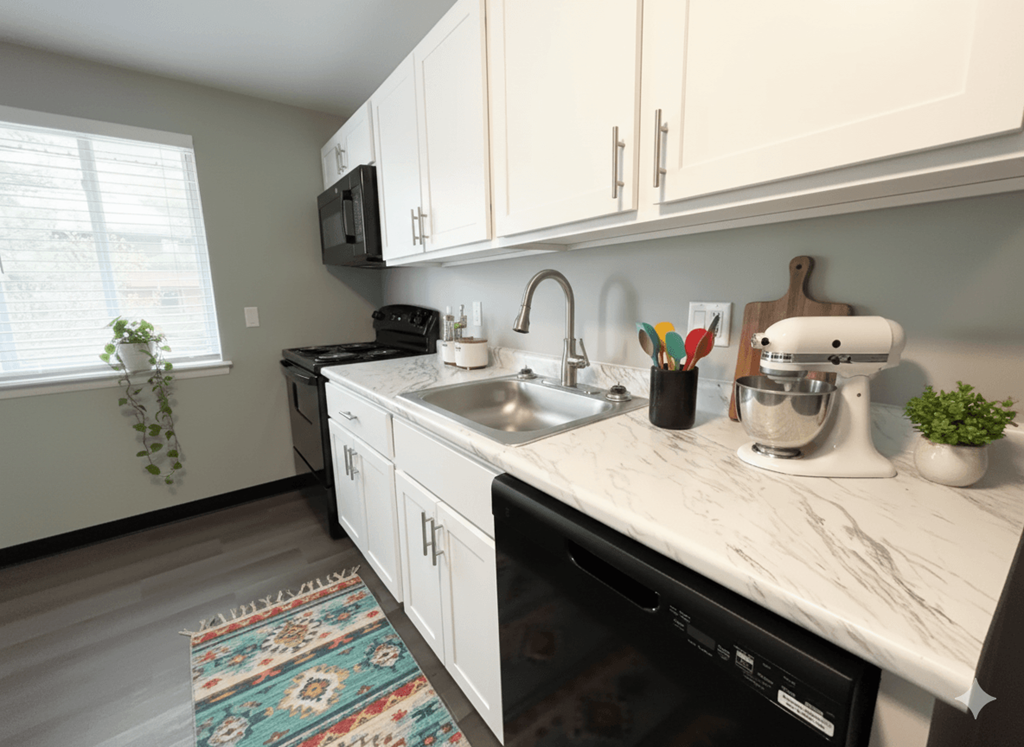 A kitchen with a black dishwasher and white cabinets.