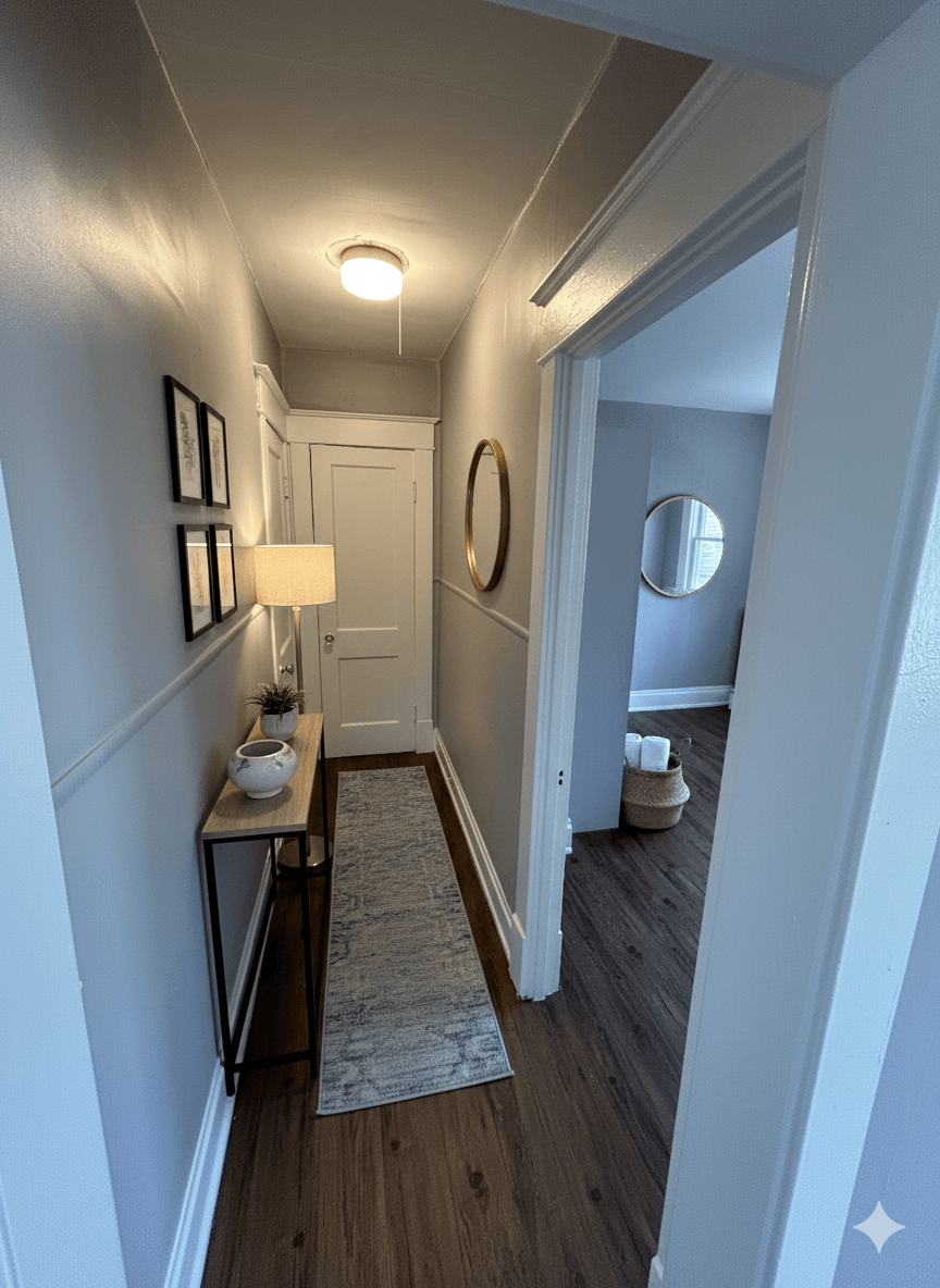 A hallway with a table and a lamp.