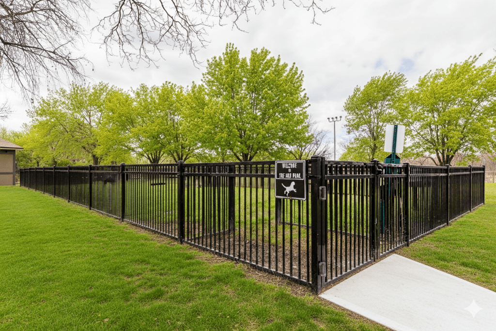 A black metal fence with a sign on it.