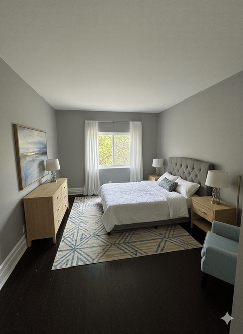 A bedroom with a large bed and a window with curtains.