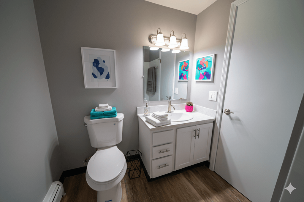 A white toilet sits next to a sink in a small bathroom.
