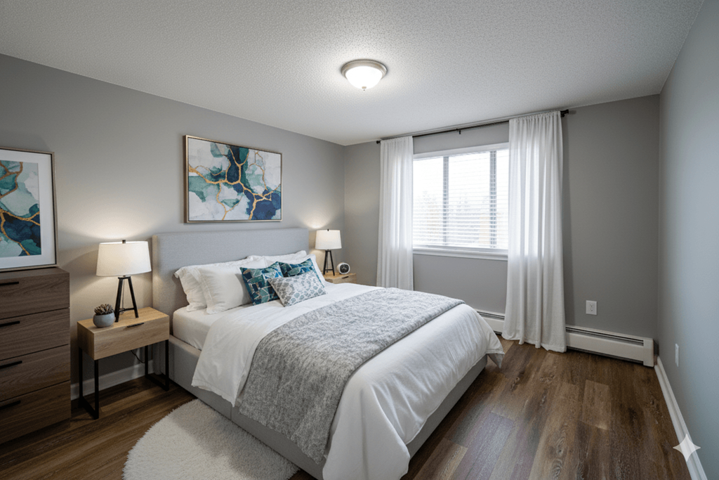 A bedroom with a large bed, a nightstand with a lamp, and a painting on the wall.