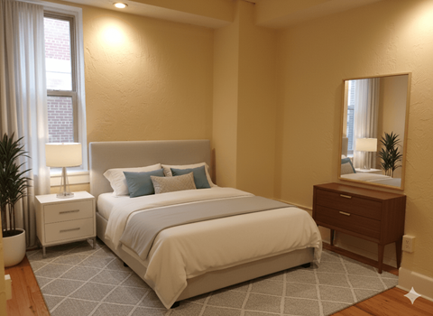 A bedroom with a large bed, a nightstand, and a mirror.
