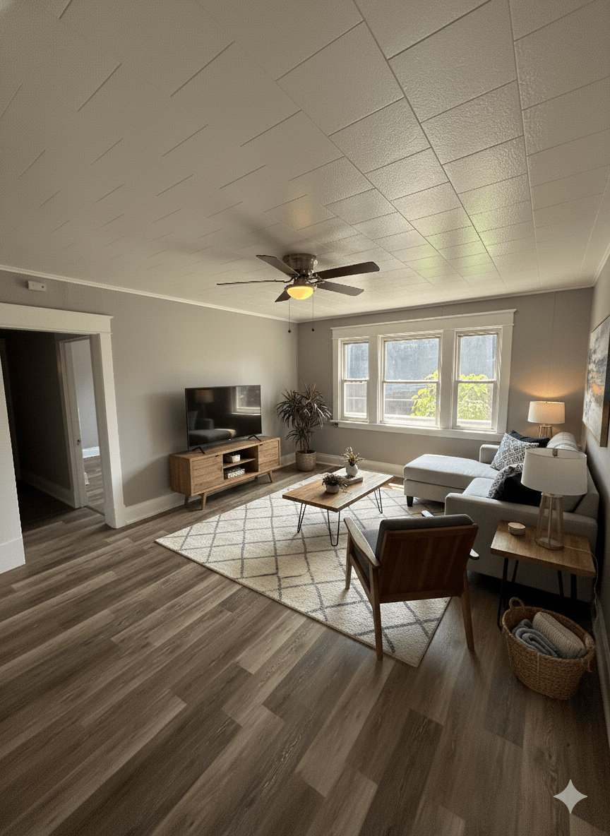 A living room with a ceiling fan and a rug on the floor.