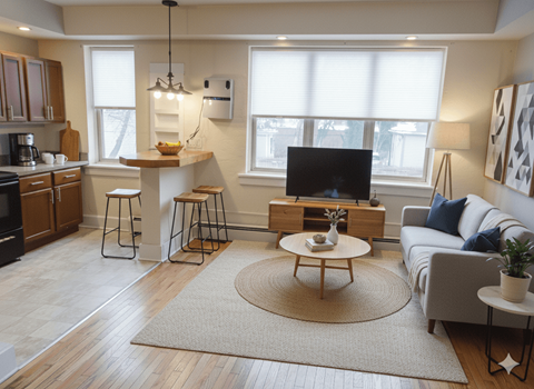 A living room with a television, a coffee table, and a rug.