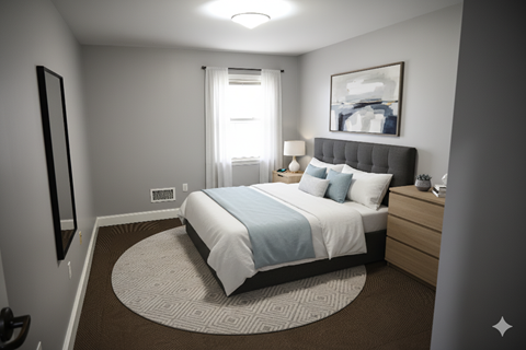 A bedroom with a large bed and a painting on the wall.